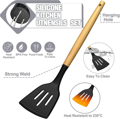 Non-Stick Safe Kitchen Utensil Set, 34Pieces Silicone Cooking Utensil Set with Wooden Handle, Heat Resistant Spatula Set Gadg... - Premium Stainless Steel Cooking Utensil for Non-Stick Pots Detail