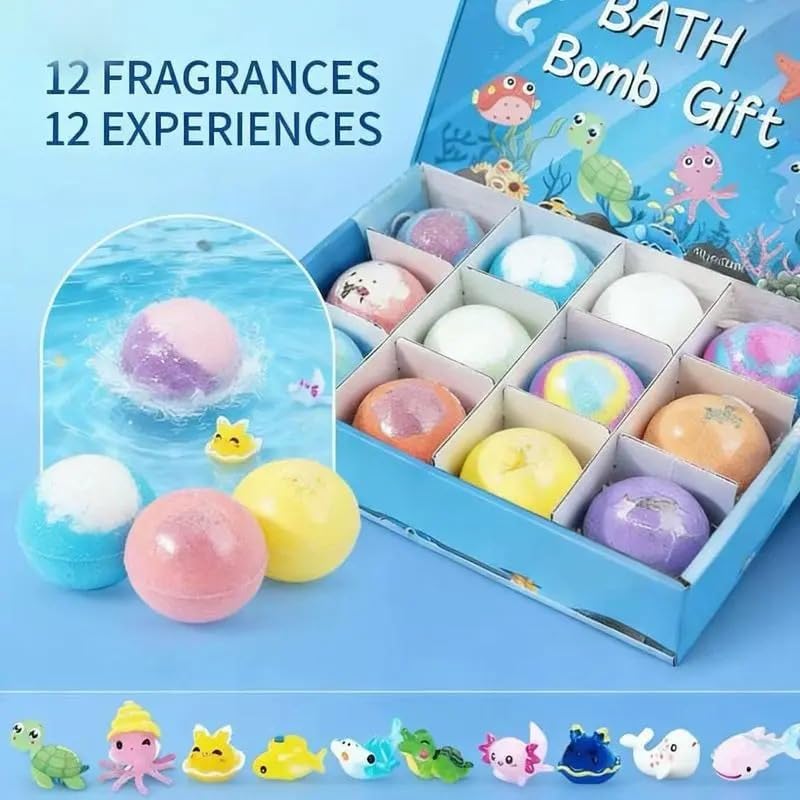 Ocean Toy Bath Salt Ball Sleeve Box Bath Bombs,Bath Bombs with Surprise Inside,Gift Set with 12 Sea Animal Toys,Fun,Educational,and Safe Natural Bath Bubble with Toys,Great Gift for Kids’Birthdays