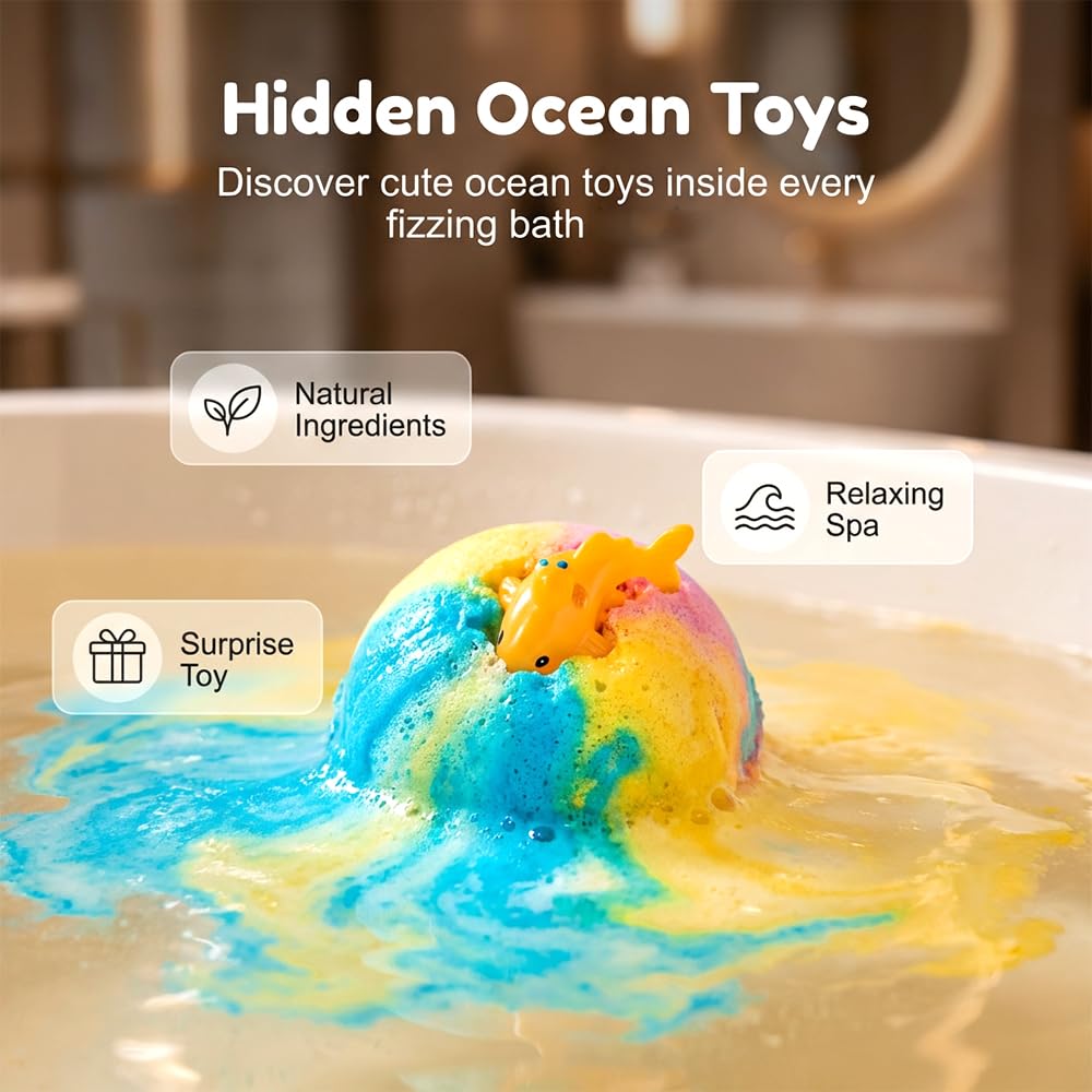 2026 New Bath Bombs Gift Set, Ocean Toy Bath Salt Ball Sleeve Box Bath Bombs, Bath Bombs with Surprise Inside, Colorful Bubble Bath for Kids Safe, Best Birthday and Party (Blue)
