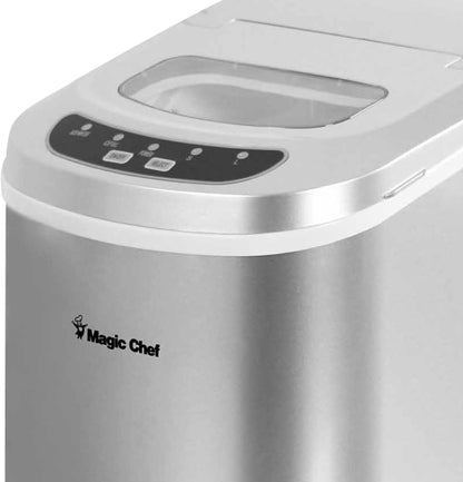 Magic Chef 27-Lb. Portable Ice Maker in Silver, Tabletop Ice Maker for Kitchen, Apartment, Dorm, and Basement with Viewing Window, 2 Ice Cube Sizes, and Ice & Water Level Indicator Lights