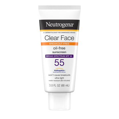 Neutrogena Clear Face Sunscreen for Acne-Prone Skin SPF 30, Broad Spectrum Facial Sunscreen Lotion, Lightweight, Non Comedogenic, Fragrance- & Oxybenzone-Free Water Resistant (80 min), 3 fl. oz