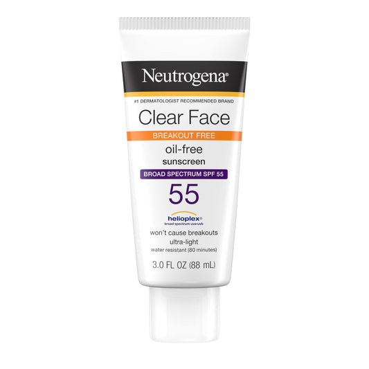Neutrogena Clear Face Sunscreen for Acne-Prone Skin SPF 30, Broad Spectrum Facial Sunscreen Lotion, Lightweight, Non Comedogenic, Fragrance- & Oxybenzone-Free Water Resistant (80 min), 3 fl. oz
