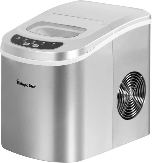 Magic Chef 27-Lb. Portable Ice Maker in Silver, Tabletop Ice Maker for Kitchen, Apartment, Dorm, and Basement with Viewing Window, 2 Ice Cube Sizes, and Ice & Water Level Indicator Lights