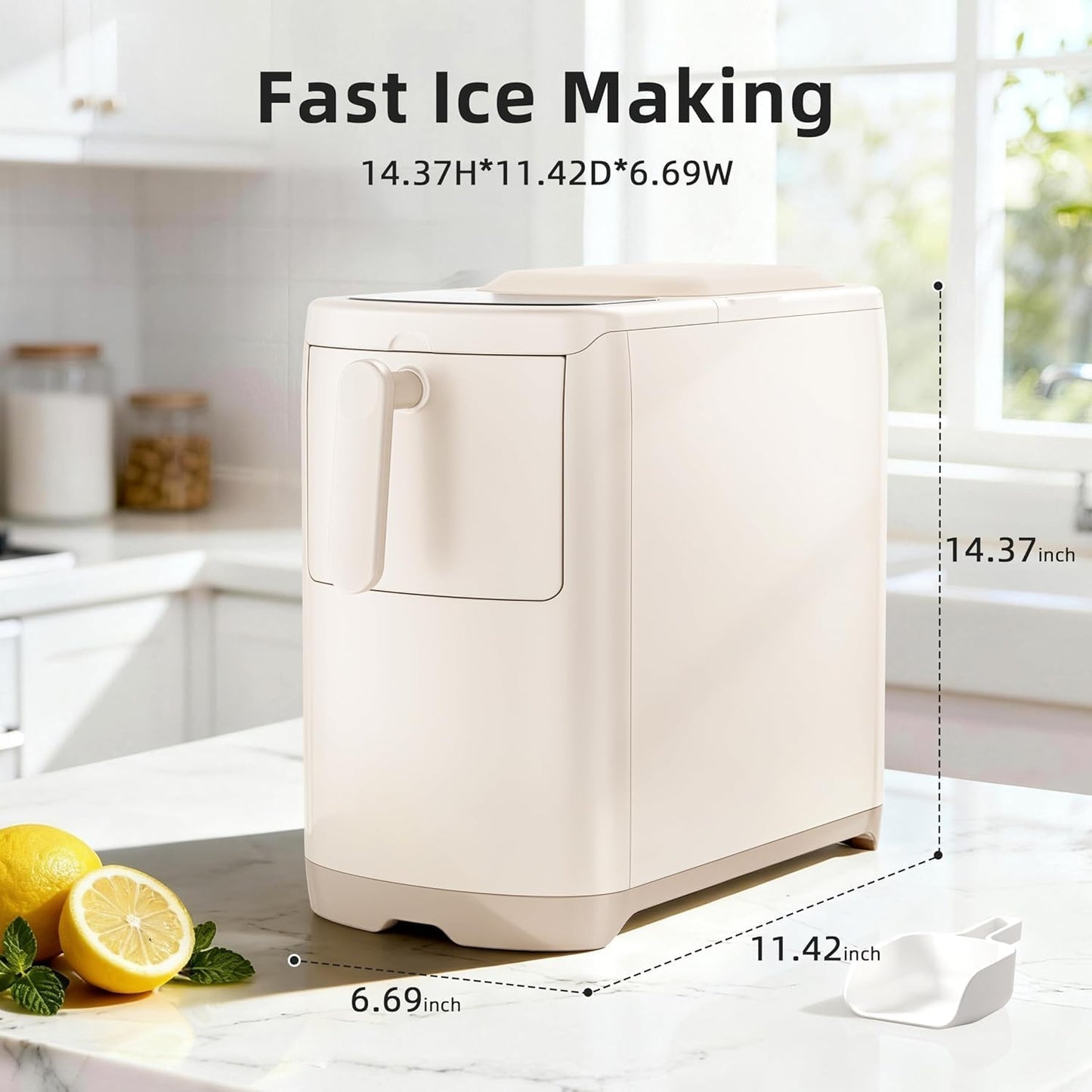 Electactic Countertop Ice Maker Machine 18lbs/24H, 6-Min Fast Bullet Portable Ice Maker, 6.69” Slim Space-Saving with Auto-Drain Drawer, Self-Cleaning, Scoop for Kitchen RV, Cream White