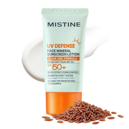 MISTINE Mineral Sunscreen Lotion SPF 50+, No White Cast Zinc Oxide Lightweight Non Oily Finish Korean Sunscreen for Sensitive Skin, Non comedogenic, Reef Safe, Travel Size-1.35 Fl Oz/40mL