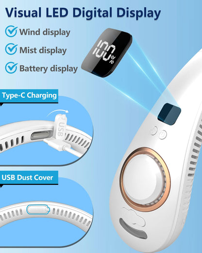 FWV Neck Fan with Cooling Plate, Quiet 30dB, 3-24Hrs Cooling,5500mAh Battery,LED Display Necklace AC Cooler, USB Bladeless Portable Personal Wearable Fans that Blow Cold Air for Men Women Kids Black