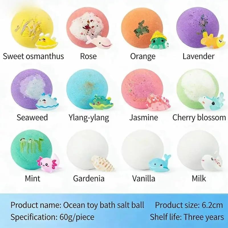 Ocean Toy Bath Salt Ball Sleeve Box Bath Bombs,Bath Bombs with Surprise Inside,Gift Set with 12 Sea Animal Toys,Fun,Educational,and Safe Natural Bath Bubble with Toys,Great Gift for Kids’Birthdays