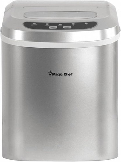 Magic Chef 27-Lb. Portable Ice Maker in Silver, Tabletop Ice Maker for Kitchen, Apartment, Dorm, and Basement with Viewing Window, 2 Ice Cube Sizes, and Ice & Water Level Indicator Lights
