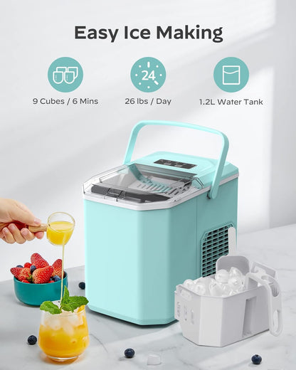 Ice Maker Countertop, Portable Ice Machine Ready in 6 Minutes with 9 Cubes 26LBS in 24H, Self-Cleaning with Ice Scoop and Basket, Two Sizes of Bullet Ice for Home Kitchen Office, Bar and Parties