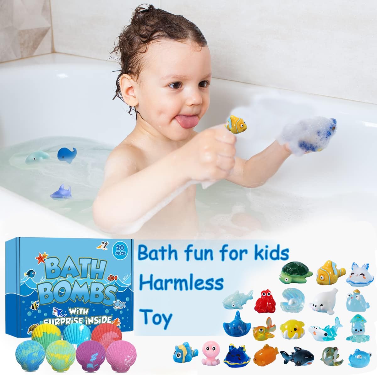 Bath Bombs for Kids with Surprise Fishing Games Inside for Girls Boys - 20 Kids Bath Bombs Gift Set, Handmade Bubble Bath Fizzes Bomb for Chrildren Birthday Christmas and Party Favor Gift for Boys