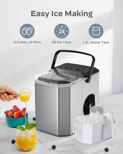 Ice Maker Countertop, Portable Ice Machine Ready in 6 Minutes with 9 Cubes 26LBS in 24H, Self-Cleaning with Ice Scoop and Basket, Two Sizes of Bullet Ice for Home Kitchen Office, Bar and Parties