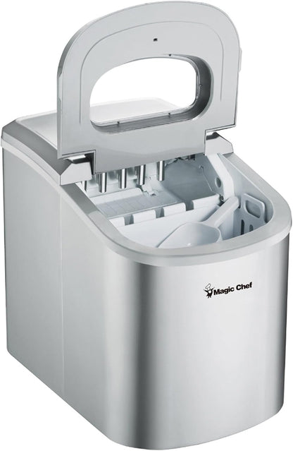 Magic Chef 27-Lb. Portable Ice Maker in Silver, Tabletop Ice Maker for Kitchen, Apartment, Dorm, and Basement with Viewing Window, 2 Ice Cube Sizes, and Ice & Water Level Indicator Lights
