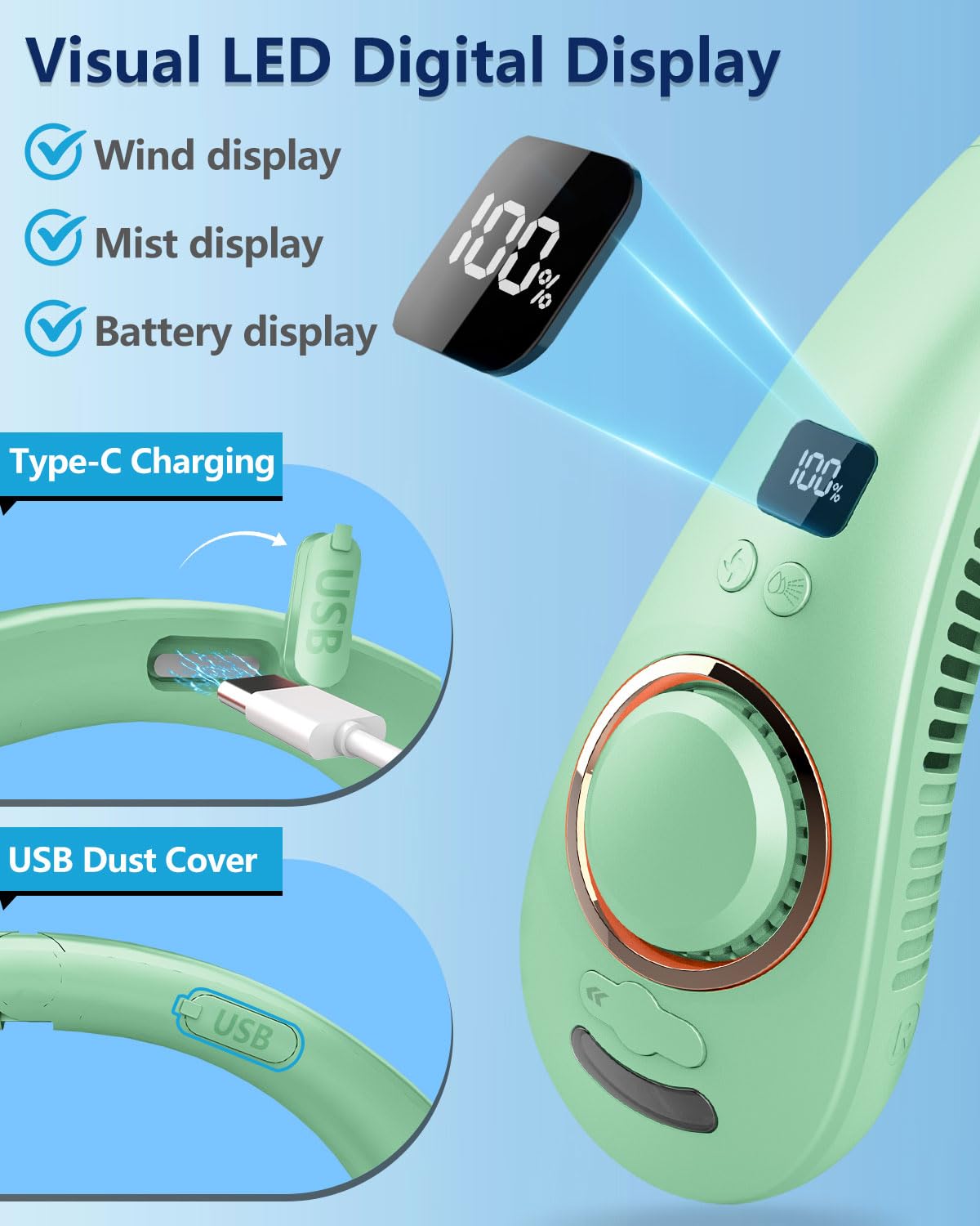 FWV Neck Fan with Cooling Plate, Quiet 30dB, 3-24Hrs Cooling,5500mAh Battery,LED Display Necklace AC Cooler, USB Bladeless Portable Personal Wearable Fans that Blow Cold Air for Men Women Kids Black