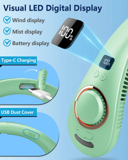 FWV Neck Fan with Cooling Plate, Quiet 30dB, 3-24Hrs Cooling,5500mAh Battery,LED Display Necklace AC Cooler, USB Bladeless Portable Personal Wearable Fans that Blow Cold Air for Men Women Kids Black