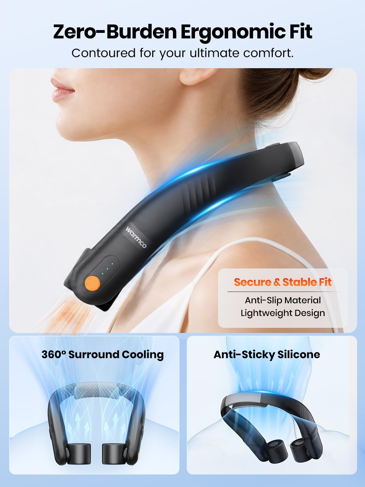 Warmco N4 5200mAh Rechargeable Neck Fan for Travel and Outdoor Use | 11-15H Runtime, 7m/s Airflow, 60° Dual Vents, Hands-Free Wear, Soft Silicone Neck Rest, LED Indicator