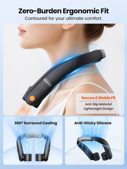 Warmco N4 5200mAh Rechargeable Neck Fan for Travel and Outdoor Use | 11-15H Runtime, 7m/s Airflow, 60° Dual Vents, Hands-Free Wear, Soft Silicone Neck Rest, LED Indicator