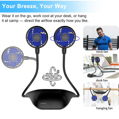 HandFan 10000mAh Portable Neck Fan Rechargeable, 48Hrs Long-Lasted Wearable Personal Fans, Hands Free Necklace Fans, Hanging Cooling Fan for Travel, Hiking, Fishing, Gifts for Women Men