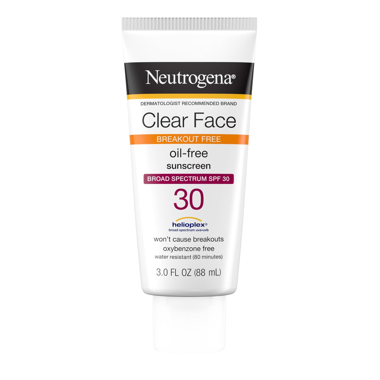 Neutrogena Clear Face Sunscreen for Acne-Prone Skin SPF 30, Broad Spectrum Facial Sunscreen Lotion, Lightweight, Non Comedogenic, Fragrance- & Oxybenzone-Free Water Resistant (80 min), 3 fl. oz