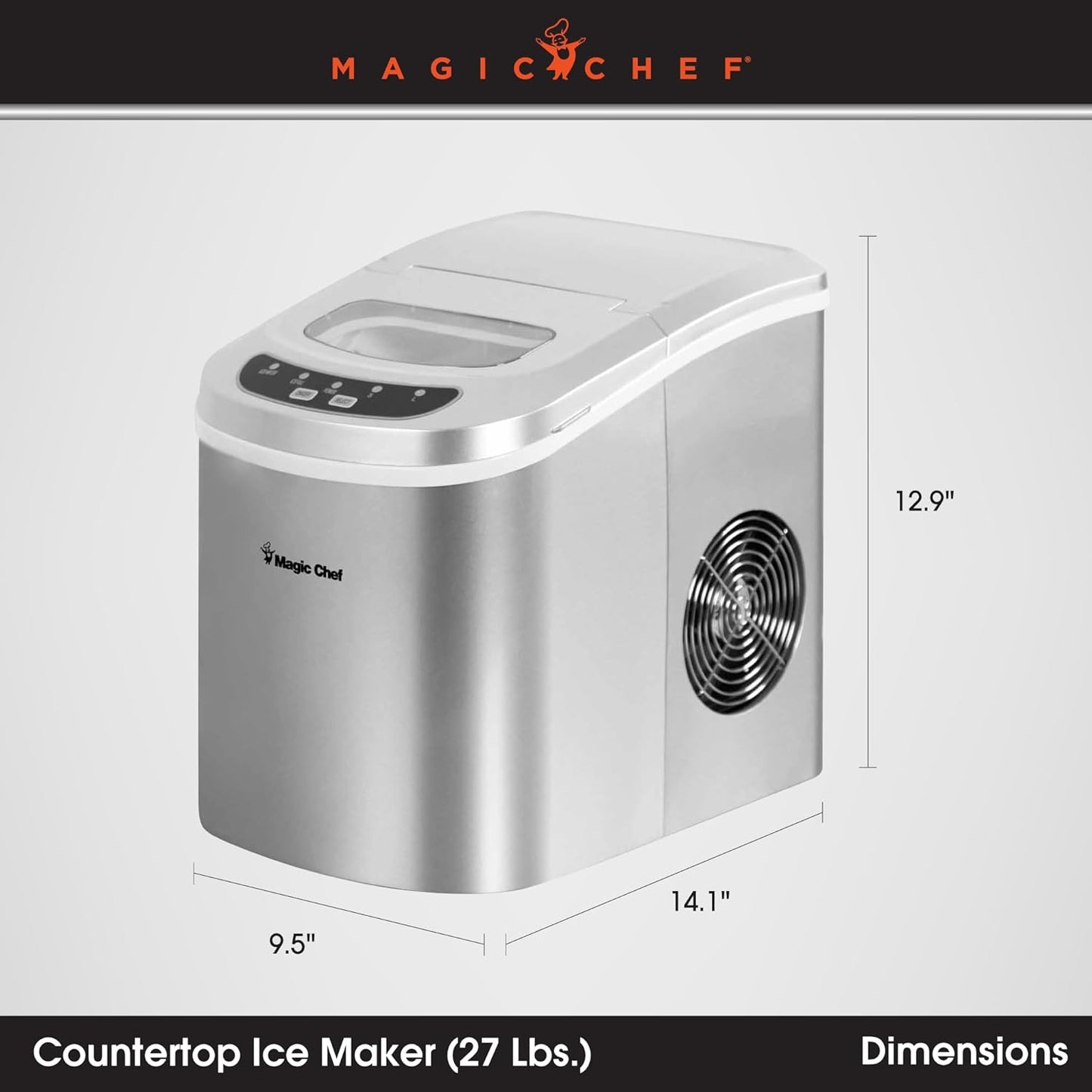 Magic Chef 27-Lb. Portable Ice Maker in Silver, Tabletop Ice Maker for Kitchen, Apartment, Dorm, and Basement with Viewing Window, 2 Ice Cube Sizes, and Ice & Water Level Indicator Lights