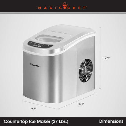 Magic Chef 27-Lb. Portable Ice Maker in Silver, Tabletop Ice Maker for Kitchen, Apartment, Dorm, and Basement with Viewing Window, 2 Ice Cube Sizes, and Ice & Water Level Indicator Lights