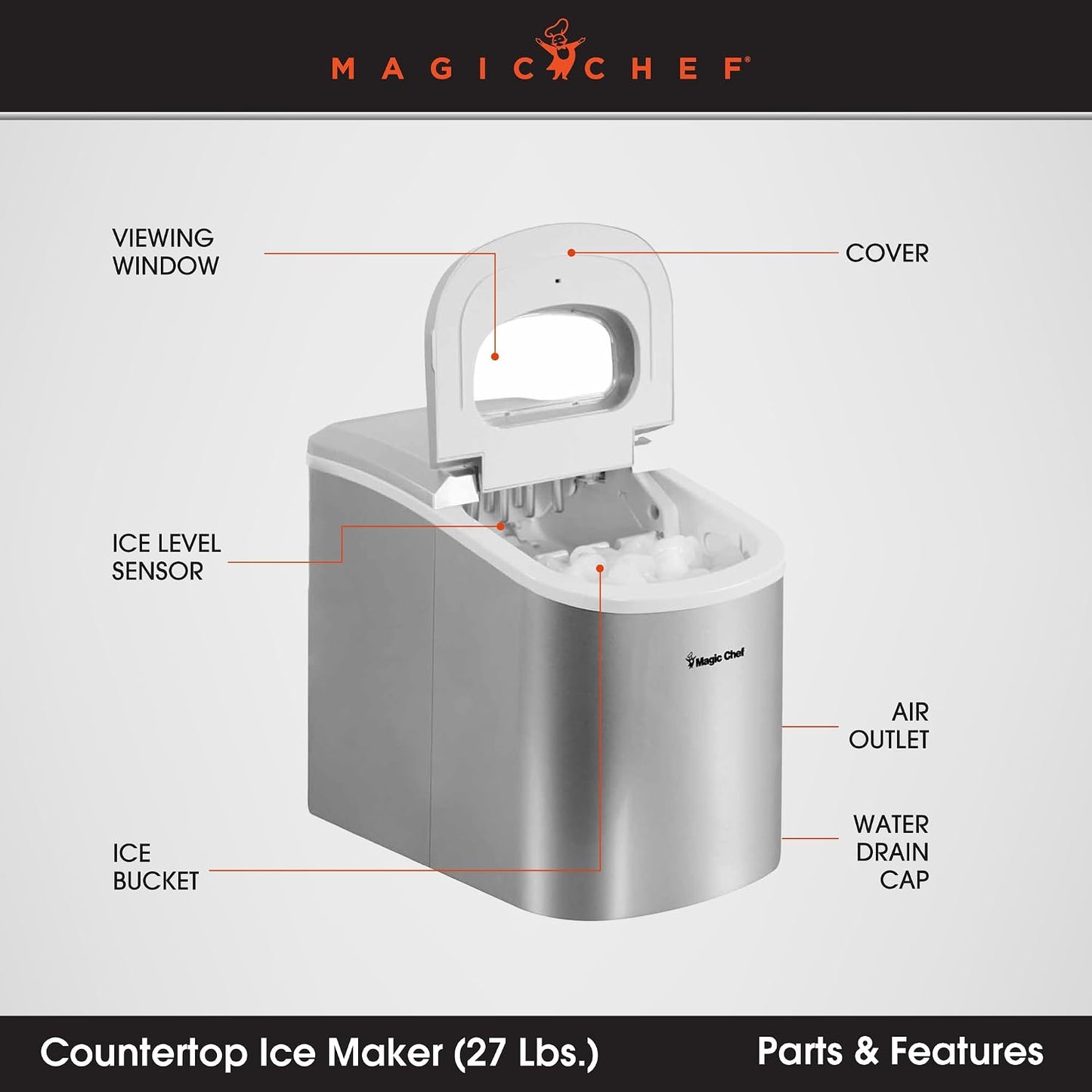 Magic Chef 27-Lb. Portable Ice Maker in Silver, Tabletop Ice Maker for Kitchen, Apartment, Dorm, and Basement with Viewing Window, 2 Ice Cube Sizes, and Ice & Water Level Indicator Lights