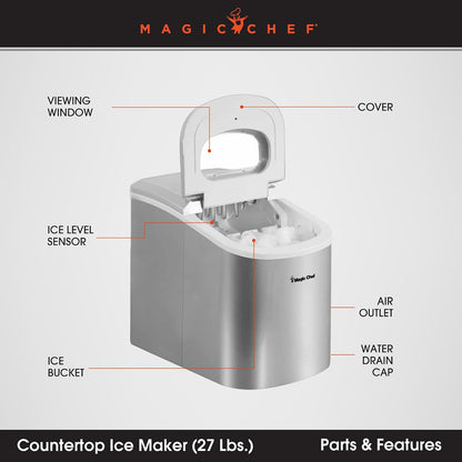 Magic Chef 27-Lb. Portable Ice Maker in Silver, Tabletop Ice Maker for Kitchen, Apartment, Dorm, and Basement with Viewing Window, 2 Ice Cube Sizes, and Ice & Water Level Indicator Lights