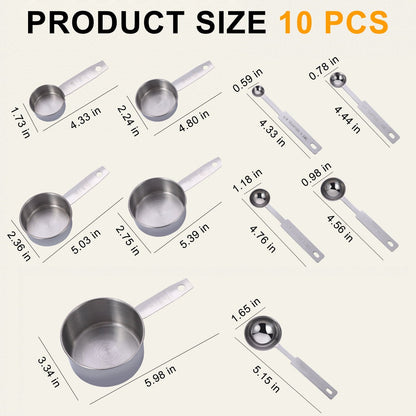 Premium Silicone Measuring Cups and Spoons Set of 10, 5 Stainless Steel Cups and 5 Spoons for Kitchen Cooking Baking - Ergonomic Kitchen Tongs and Cooking Spoon Utensil Detail