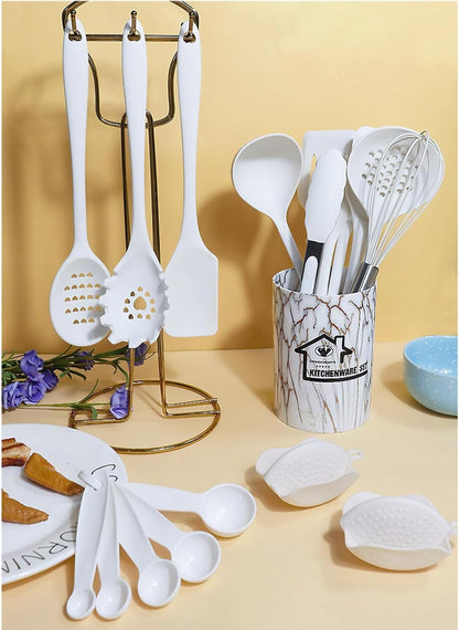 Premium Silicone Silicone Cooking Utensils Set - 446°F Heat Resistant Kitchen Utensils,Turner Tongs,Spatula,Spoon,Brush,Whisk,Kitchen ... - Ergonomic Kitchen Tongs and Cooking Spoon Utensil Detail