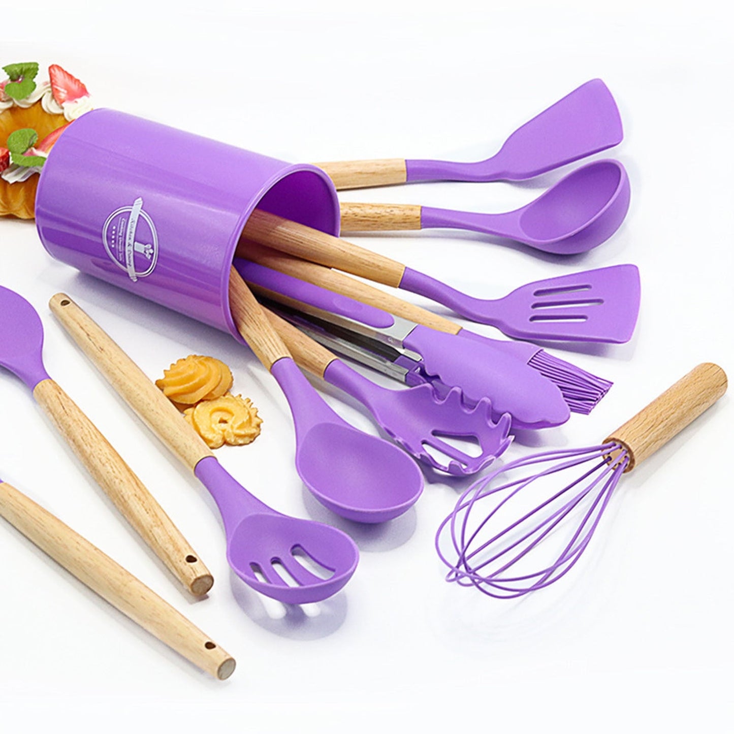 Seamless One-Piece 12Pcs Cooking Kitchen Utensils Set with Holder,Wooden Handles Cooking Tool,BPA Free,Non Toxic Turner Tongs Spa... - Durable Turner & Ladle Utensil Set for Home Chefs Detail