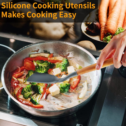 Ergonomic Cooking Silicone Wooden Heat Resistant Kitchen Utensil Set, 12 pcs - Heat-Resistant Silicone Cooking Spatula Turner Detail