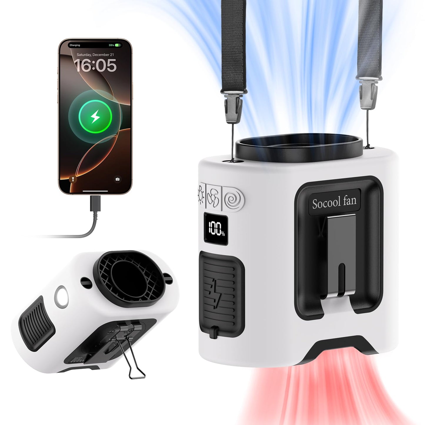 Socool 10000mAh Portable Waist Fan Clip on Wearable Belt Personal Fan Rechargeable Battery operated With 5 Speeds & Flashlight Neck Hands-Free 40H Cooling For Outdoor Camping Travel (Black)