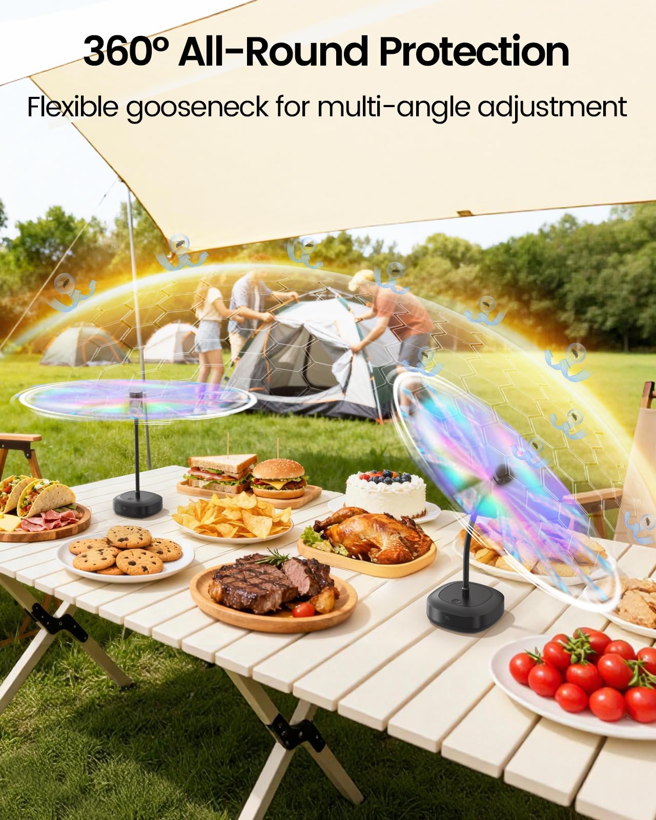 Edvision 4 Pack Food Table Fan, 2000mAh USB Powered Rechargeable Food Fan, Portable Fan with Flexible Goose-Neck and Soft Blades for BBQ, Patio, Party