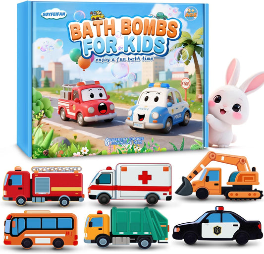 Bath Bombs for Kids, STEM Gifts for Boys Girls Ages 3-12, Handcrafted Car 6 Pack Natural Organic Bubble Bath Bomb Toys, Shaped Like Excavators, Police Car, School Buses, Fire Trucks