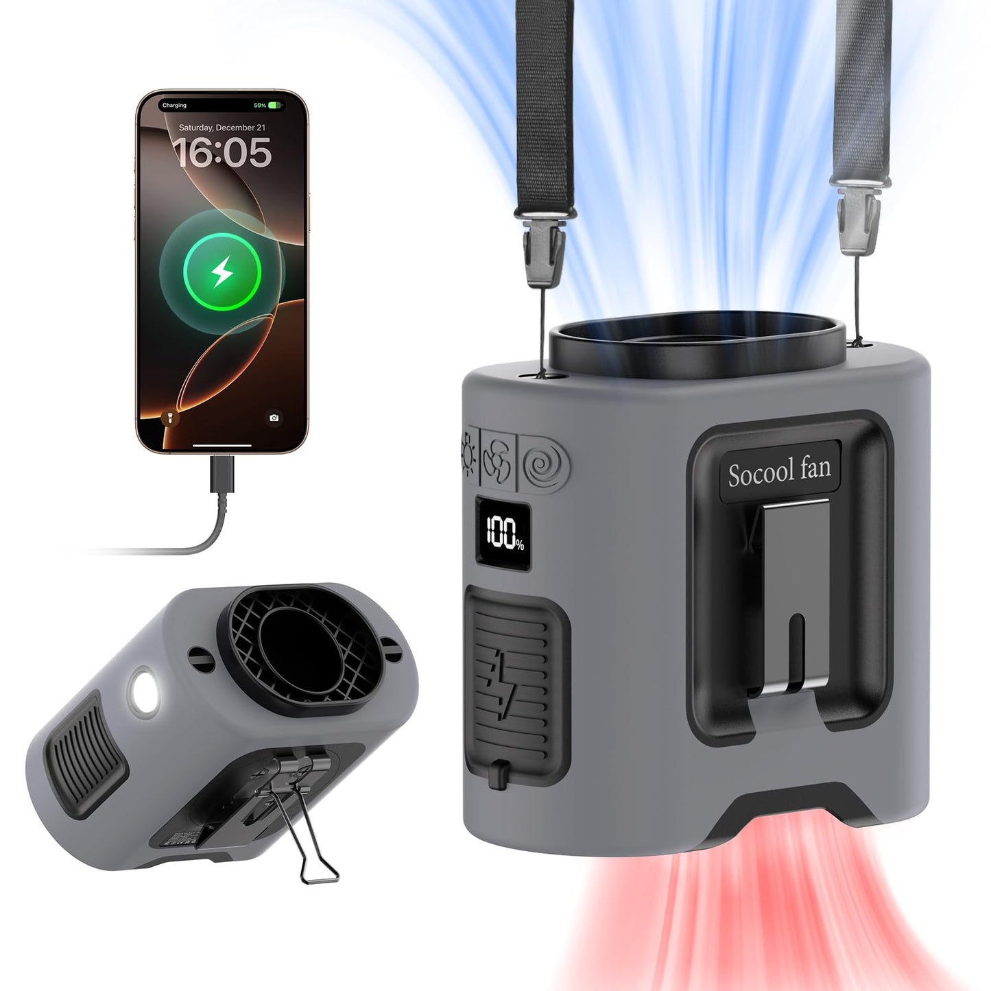 Socool 10000mAh Portable Waist Fan Clip on Wearable Belt Personal Fan Rechargeable Battery operated With 5 Speeds & Flashlight Neck Hands-Free 40H Cooling For Outdoor Camping Travel (Black)