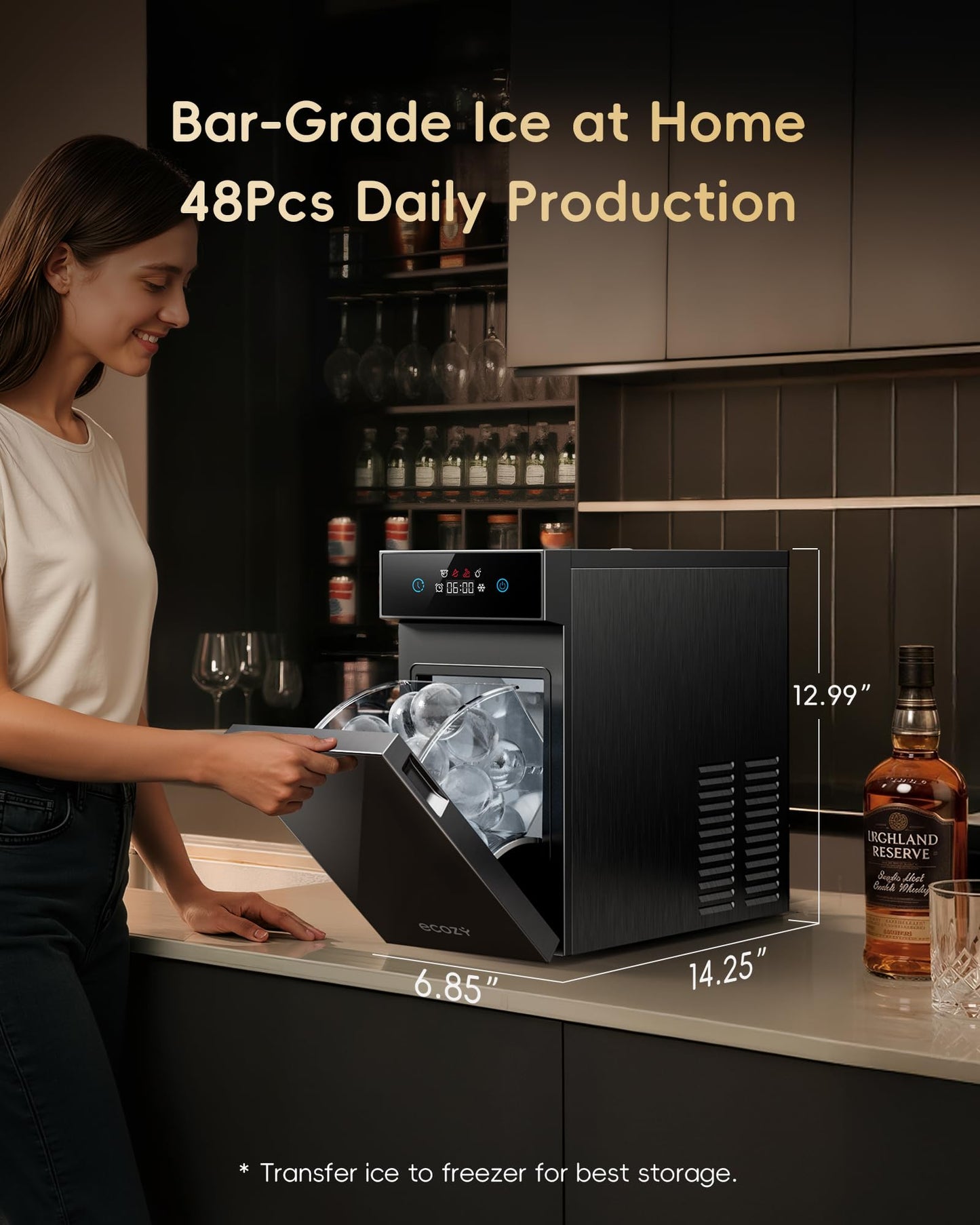 ecozy 2" Clear Ice Ball Maker Countertop with CrystalFlux Technology, 4 pcs in 40 Mins, 144 pcs/Day, Sphere Ice Maker with Automatic Water Supply, Self-Cleaning, Enhanced Insulation for Whiskey Bar