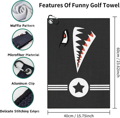 Shark Face Golf Towel, Black Microfiber Waffle Pattern Golf Club Cleaning Towel with Carabiner Clip, Cool Military Star Design Golf Towel for Golf Bags