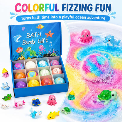 Bath Bombs with Toys Inside, 12 Pack Kids Bath Bombs with Surprise Inside, Play Fizz Bubble Bath Ball, Natural Organic Non Toxic Bath Bomb Gift Set for Boys Girls Toddler (Sea Animal)