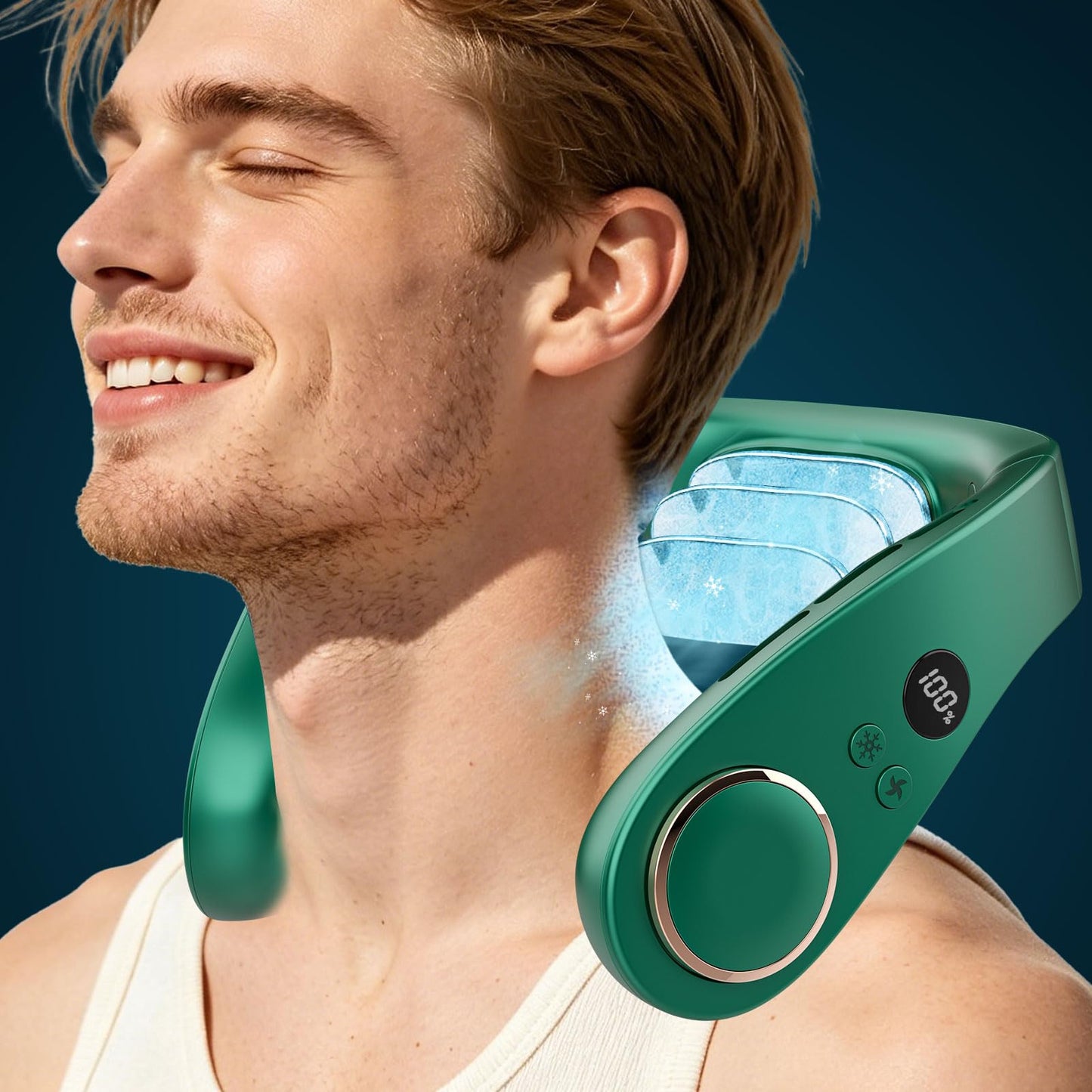 Neck Fan with Cooling Plate,5500mAh Rechargeable, Ultra Quiet Operation, 5 Speeds & 3 Cooling Modes, USB-C Fast Charging, LED Display Battery & Gear, Bladeless Fans that Blow Cold Air for Travel Blue
