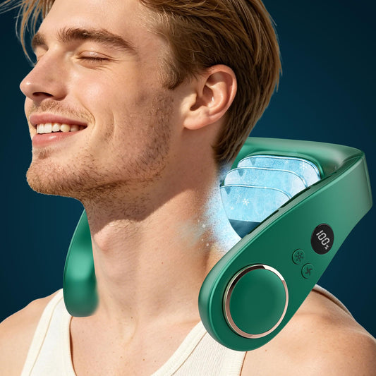 Neck Fan with Cooling Plate,5500mAh Rechargeable, Ultra Quiet Operation, 5 Speeds & 3 Cooling Modes, USB-C Fast Charging, LED Display Battery & Gear, Bladeless Fans that Blow Cold Air for Travel Blue