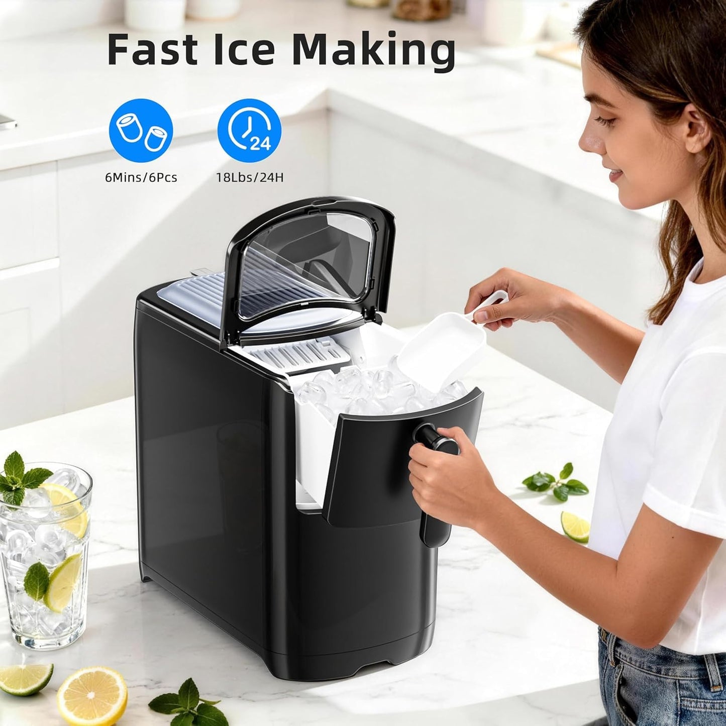 Electactic Countertop Ice Maker Machine 18lbs/24H, 6-Min Fast Bullet Portable Ice Maker, 6.69” Slim Space-Saving with Auto-Drain Drawer, Self-Cleaning, Scoop for Kitchen RV, Cream White