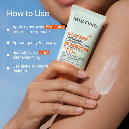 MISTINE Mineral Sunscreen Lotion SPF 50+, No White Cast Zinc Oxide Lightweight Non Oily Finish Korean Sunscreen for Sensitive Skin, Non comedogenic, Reef Safe, Travel Size-1.35 Fl Oz/40mL