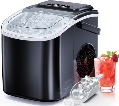 Ice Maker Countertop, Portable Ice Machine Ready in 6 Minutes with 9 Cubes 26LBS in 24H, Self-Cleaning with Ice Scoop and Basket, Two Sizes of Bullet Ice for Home Kitchen Office, Bar and Parties