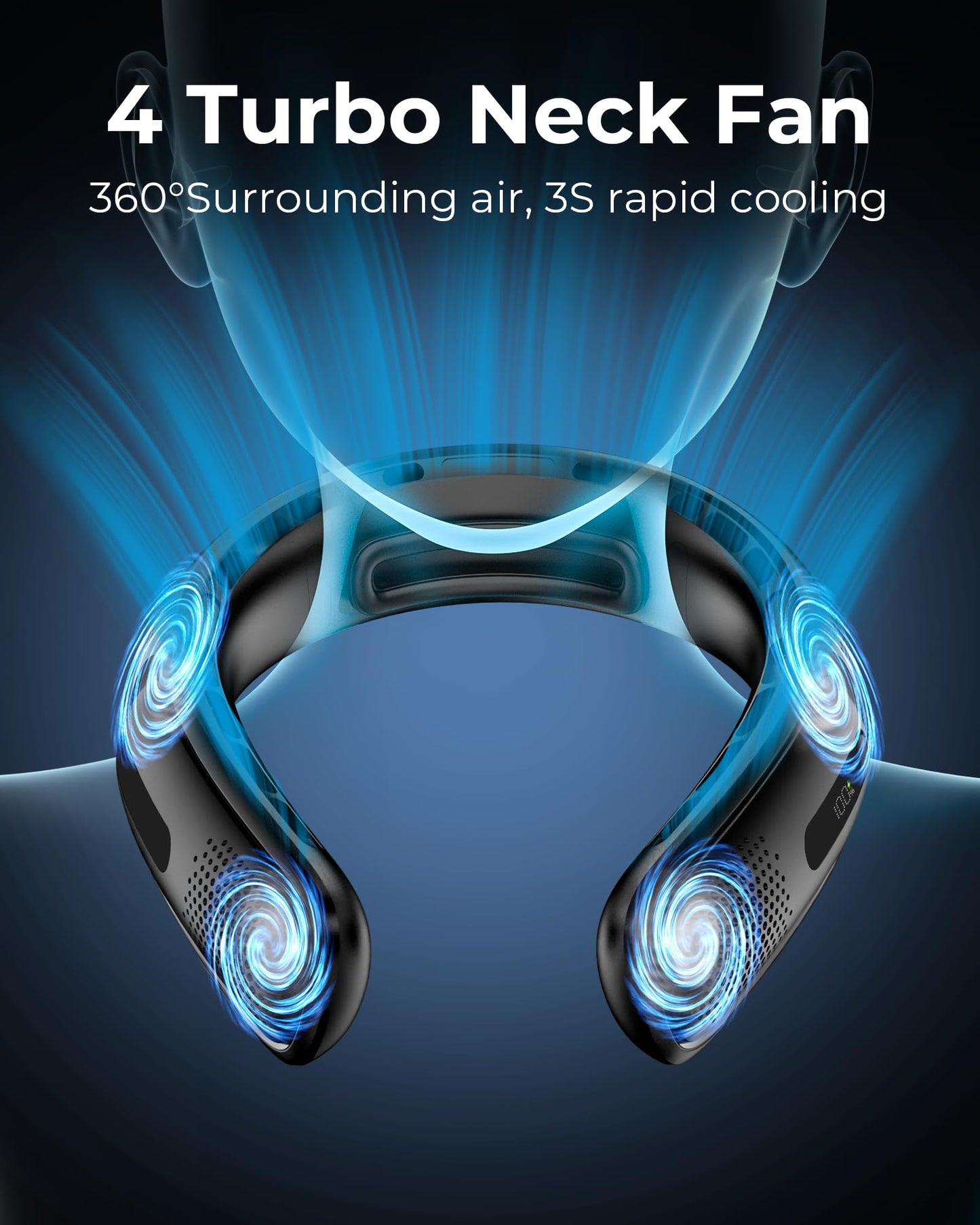Portable Neck Fan, 4 Turbo Bladeless Neck Fan, 4000 mAh Battery Operated USB Rechargeable Personal Fan, 360° Cooling Hands Free Fan, 3 Speeds, LED Display, Wearable Fan for Office Travel Gifts