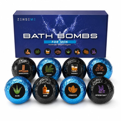Bath Bombs for Men, Gift Set of 8 Scented Organic Handmade Bath Bombs of 2.5 oz with Natural Essential Oils for Boyfriend, Husband, Father or Friend, by ZenseMe