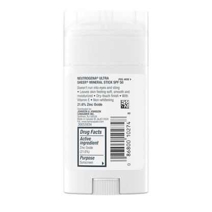 Neutrogena Ultra Sheer Dry Touch SPF 50 Mineral Sunscreen Stick for Sensitive Skin, Zinc Oxide, Body & Face Sunscreen with Vitamin E, No White Residue & Vegan, 1.5 oz