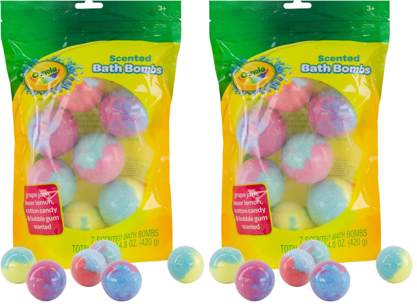 Crayola Scented Bath Bombs for Kids (7 Count), Non-Toxic, Stain Free, Multi-Colored Fizzy Bath Bombs with Grape, Lemon, Cotton Candy & Bubblegum Scents