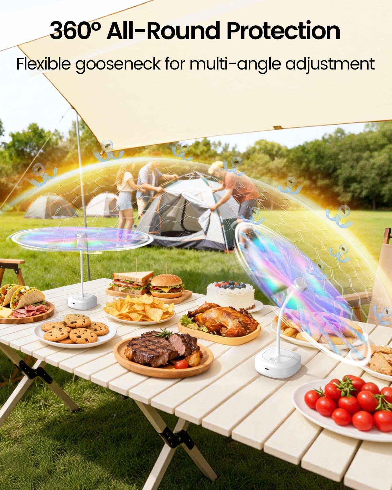 Edvision 4 Pack Food Table Fan, 2000mAh USB Powered Rechargeable Food Fan, Portable Fan with Flexible Goose-Neck and Soft Blades for BBQ, Patio, Party