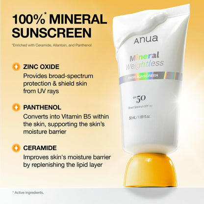 Anua Mineral Weightless Finish Sunscreen SPF 50, Broad Spectrum, Zinc-Based for Sensitive Skin, Lightweight Hydrating Lotion Texture, Under Makeup, Korean Skincare, 1.69 fl oz