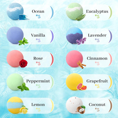 TranquilBliss Bath Bombs Set 50 PCS with 10 Rich Scents, Bath Bombs for Women, Natural Bubble Bombs with Shea Butter & Safe Oil, Ideal for Mother's Day, Valentine's Day, Christmas, Birthday Present