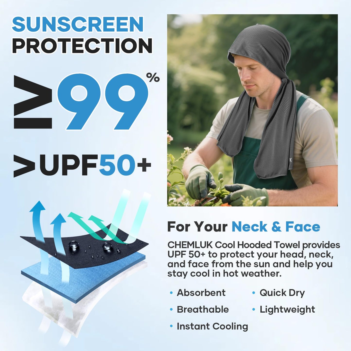 Cooling Rags for Neck: UPF50 Cooling Hoodie Towel with Case 2 Packs | Quick Dry, Chemical-free, Breathable, Soft, Portable, Cooling Towels for Face Hot Weather Workout Baseball Softball Sport